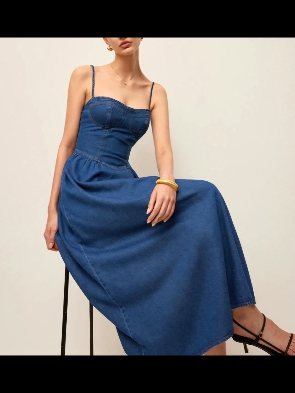 Commense Indigo Denim Midi Dress with Spaghetti Straps Western Flowy A Line - Picture 4 of 13